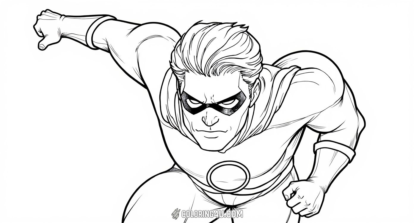 Bring this exciting superhero to life with colors on this close-up Green Lantern flying coloring page! Kids can enjoy filling in the details of his determined face, iconic mask, and flowing cape as he races through the air to save the day.