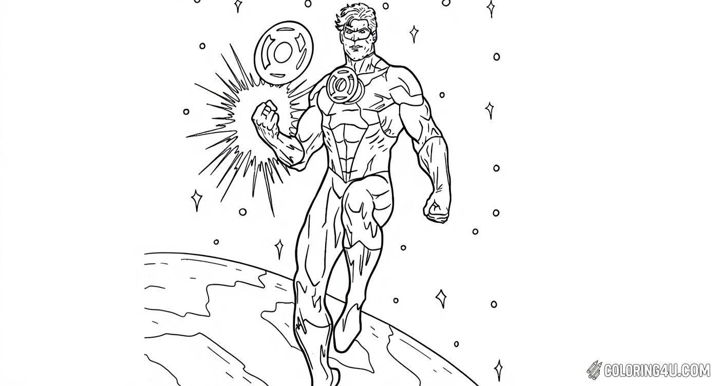 This exciting coloring page shows Green Lantern floating heroically above the Earth in space, ready to use his powerful ring to protect the universe. Kids can have fun coloring the shining stars and the glowing energy coming from his hand!