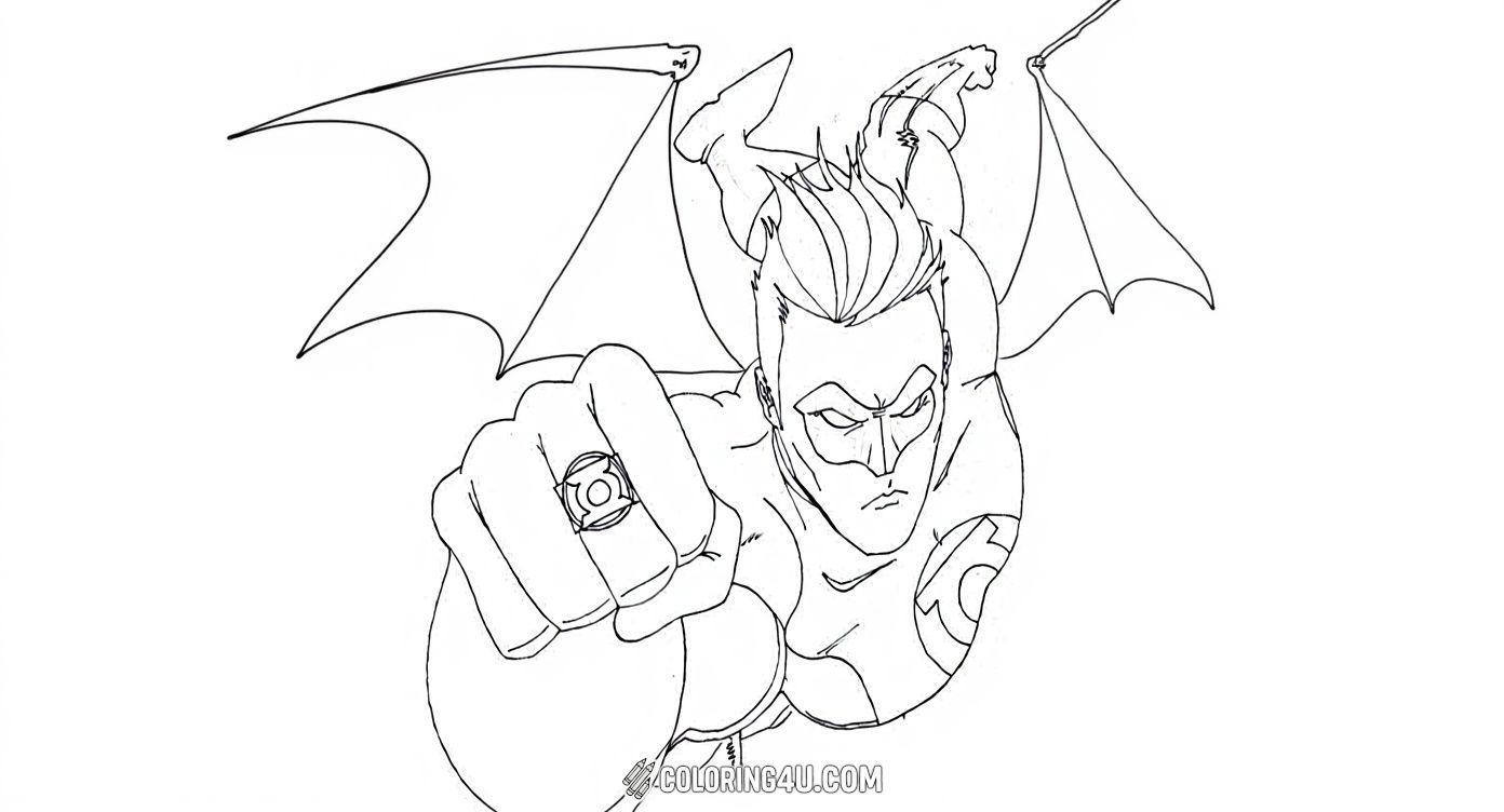Get ready to color this dynamic Green Lantern image showcasing the hero in mid-flight, fist forward, and ready for action! Kids will have fun adding vibrant shades to the character's famous costume and powerful ring as he soars through the sky to fight evil.