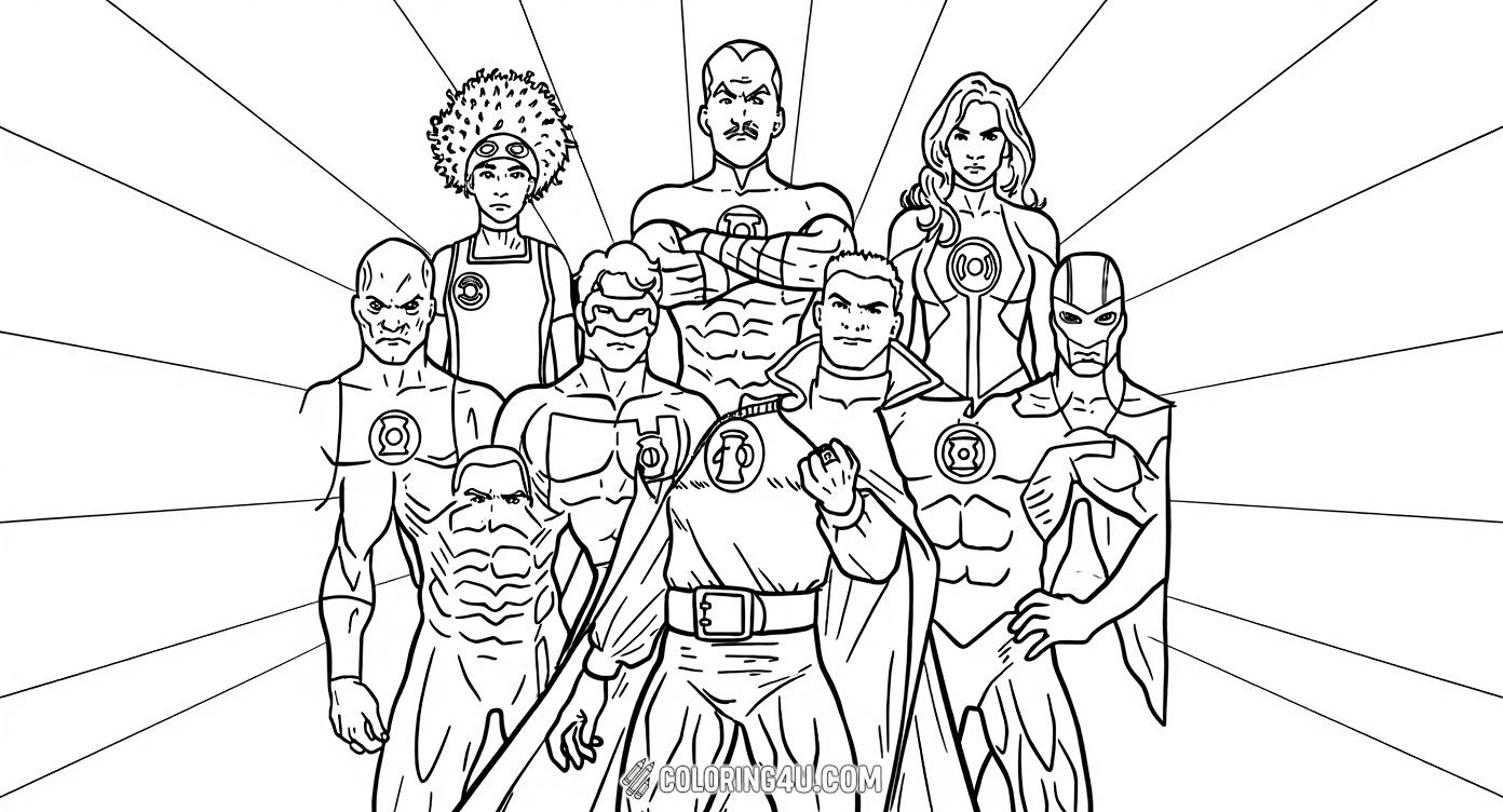 Dive into the exciting world of Green Lantern with this amazing group coloring page! Meet multiple heroes from the Green Lantern Corps, each ready to take you on a cosmic adventure. Perfect for kids who love superheroes and want to bring these powerful characters to life with bright colors.