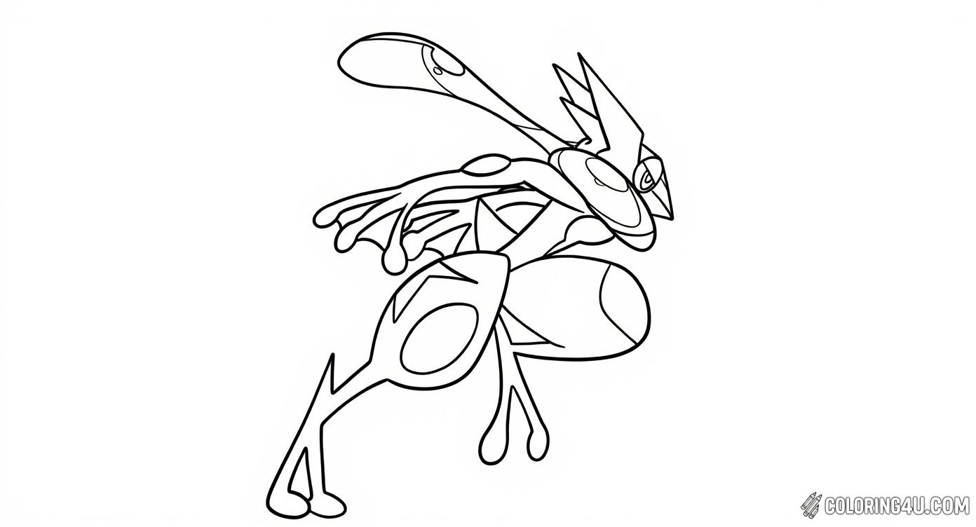 This dynamic coloring page shows Greninja in a fast and agile action pose with motion lines that add excitement. Kids will have a blast coloring this energetic scene and imagining the swift moves of this beloved Pokémon ninja.