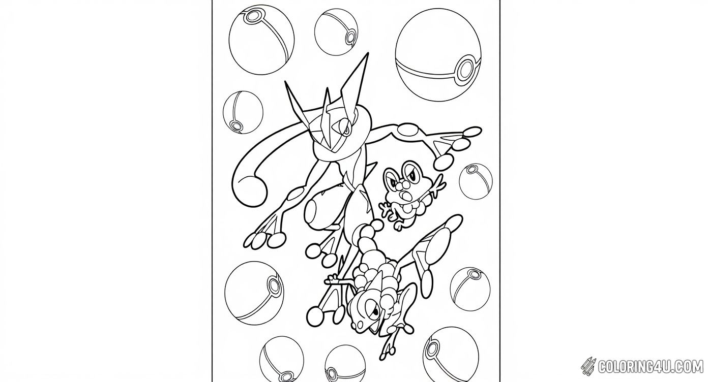 Get ready to color an action-packed scene with Greninja and other Pokémon alongside several Poké Balls floating in the background. This lively coloring page invites kids to create a vibrant world filled with their favorite Pokémon characters.