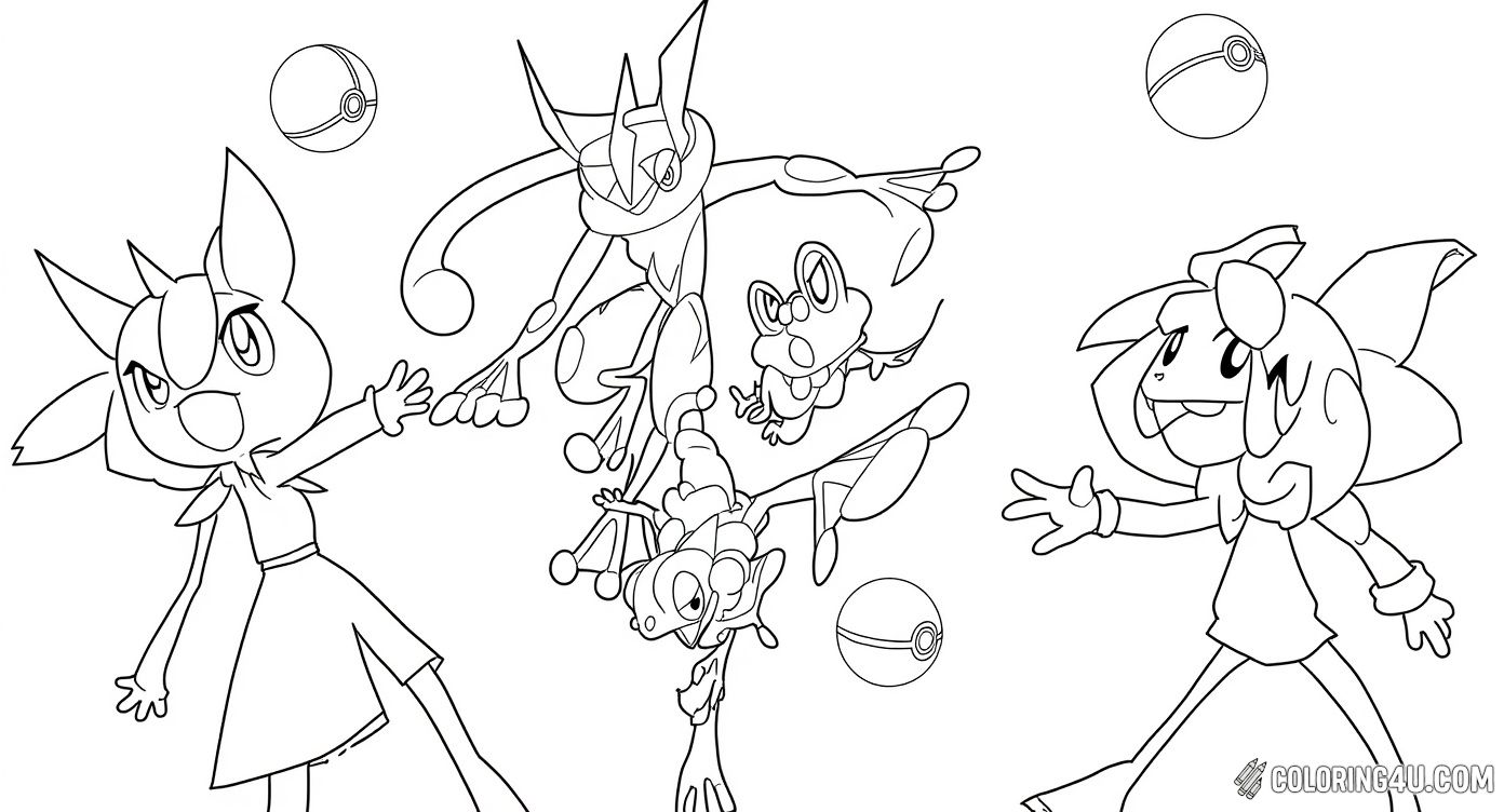 Get ready to color an exciting Pokémon scene that stars Greninja, Ash's loyal companion, along with adorable Froakie and energetic Poké Balls floating around. This vibrant page invites kids to dive into the world of Pokémon battles and adventures, filling it with their favorite colors.