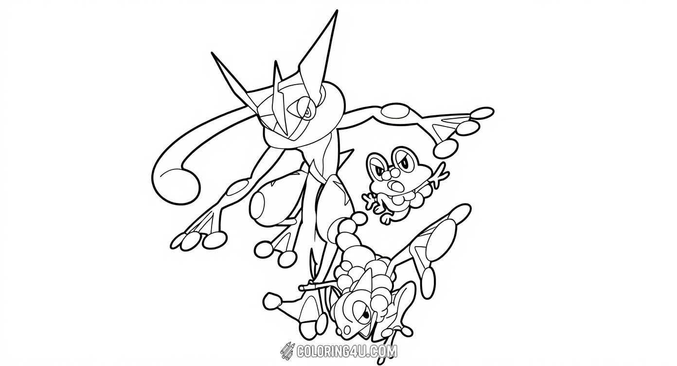 Explore the fascinating evolution of Greninja in this dynamic coloring page showing the Pokémon's different forms surrounded by several Pokéballs. Kids will love coloring Greninja along with its pre-evolutions while sparking imagination about the world of Pokémon battles and training.