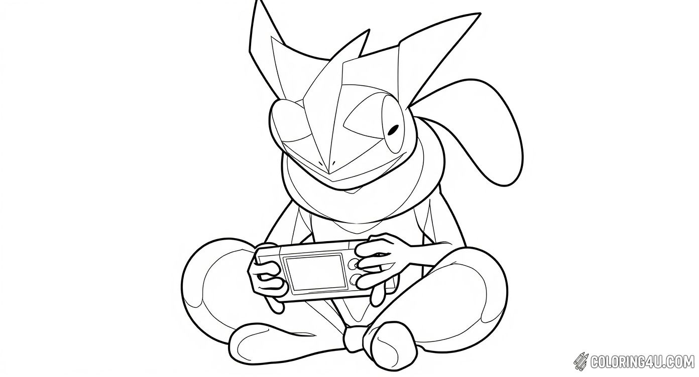 Here is an engaging coloring page showing Greninja focused and playing on a handheld game console. Kids can enjoy adding their favorite colors to this action-packed scene, capturing the fun-loving and playful side of this iconic Pokémon character.