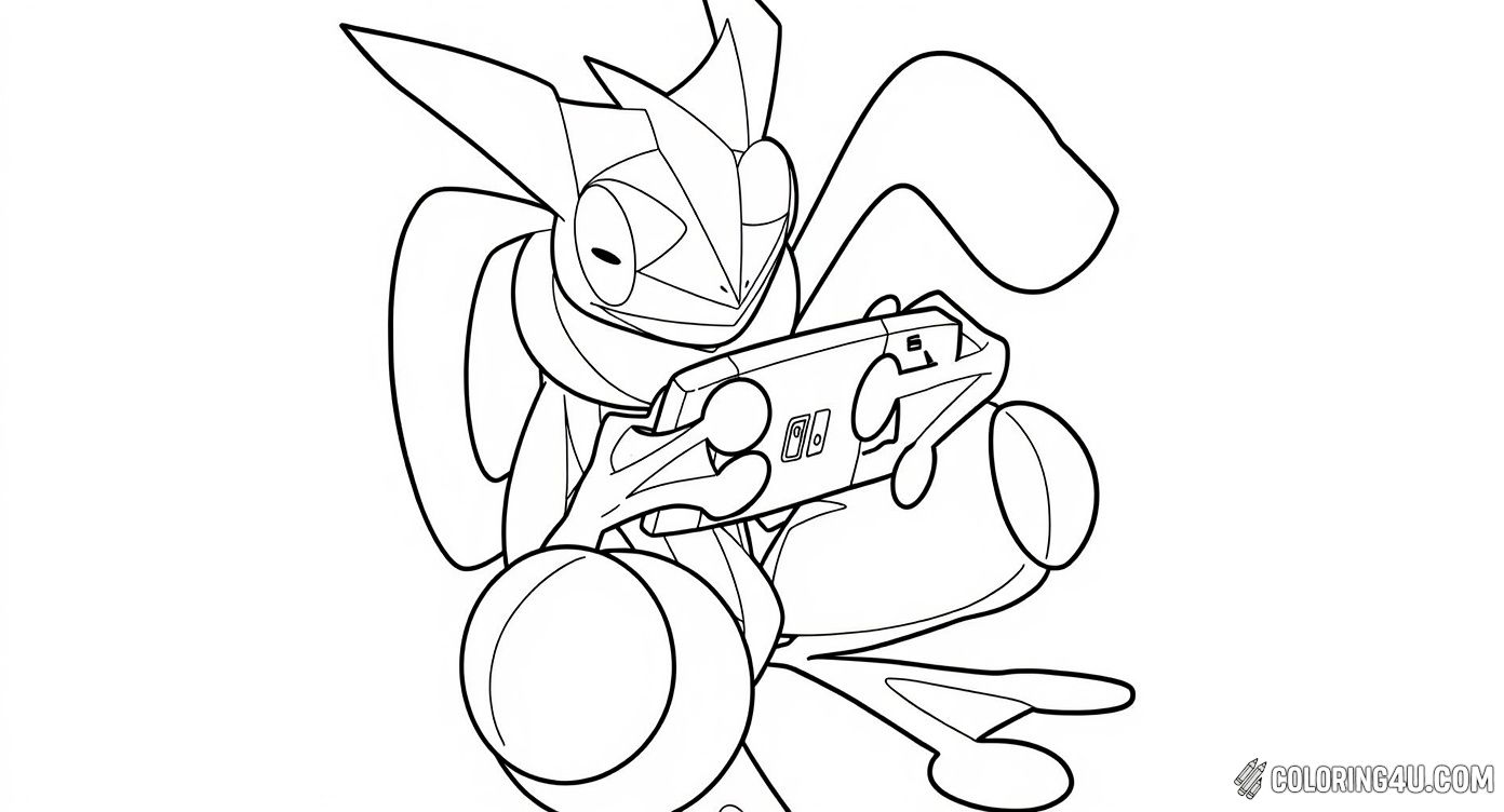 This fun coloring page features Greninja, the agile Water/Dark-type Pokémon from the Pokémon series, deeply focused on playing a handheld game console. Kids will love bringing this playful scene to life with bright colors while imagining Greninja's gaming adventure!