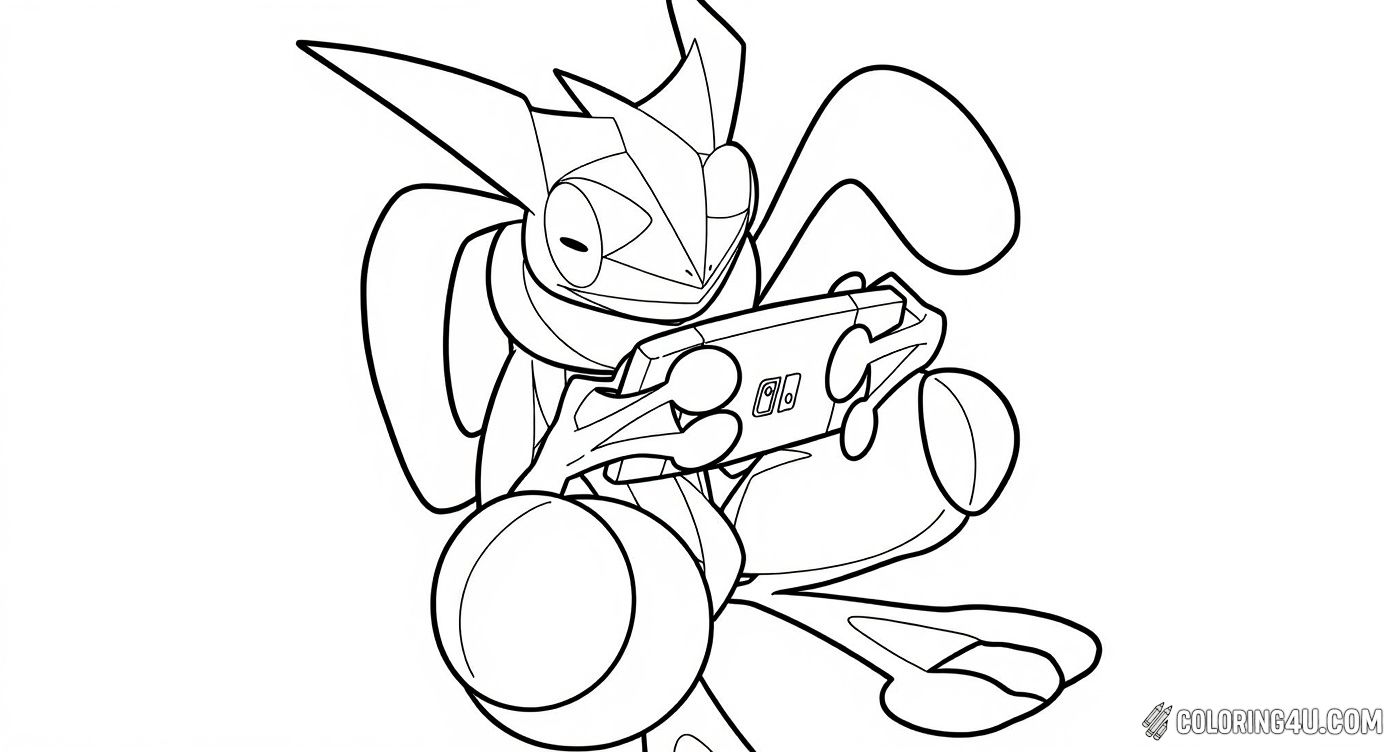 This fun coloring page features Greninja, the ninja frog Pokémon from the Pokémon series, playing a Nintendo Switch console. Kids can enjoy bringing this cool character to life with their favorite colors while imagining an exciting gaming adventure.
