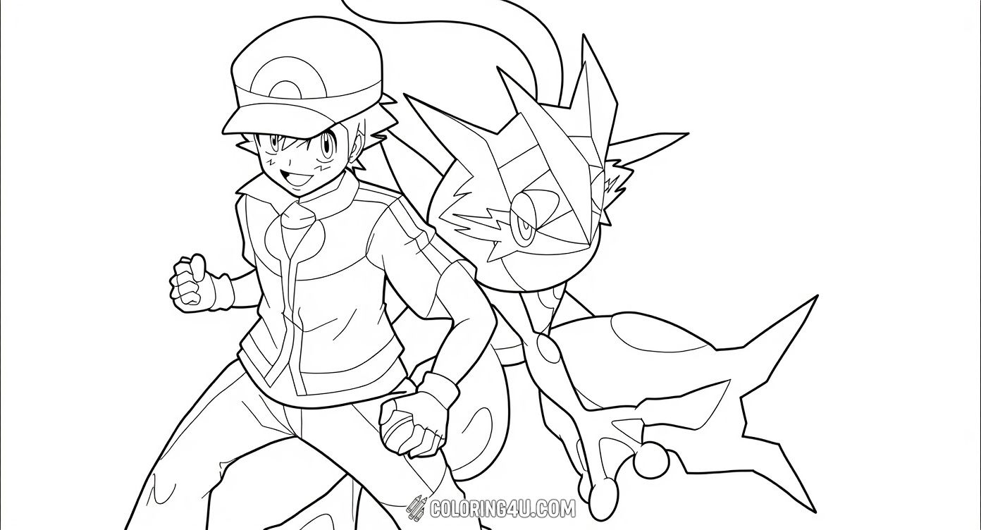 Join a confident Pokémon Trainer standing side-by-side with his loyal Greninja ready for action. This coloring page is perfect for kids who love to color heroic scenes from the Pokémon universe, capturing the strong bond between trainers and their Pokémon partners.
