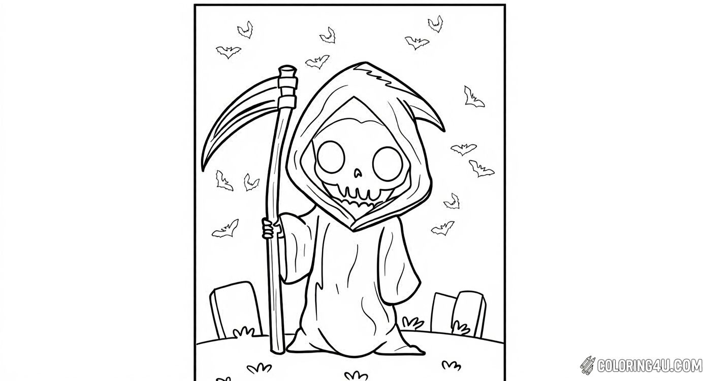 Cute Grim Reaper With Scythe And Bats