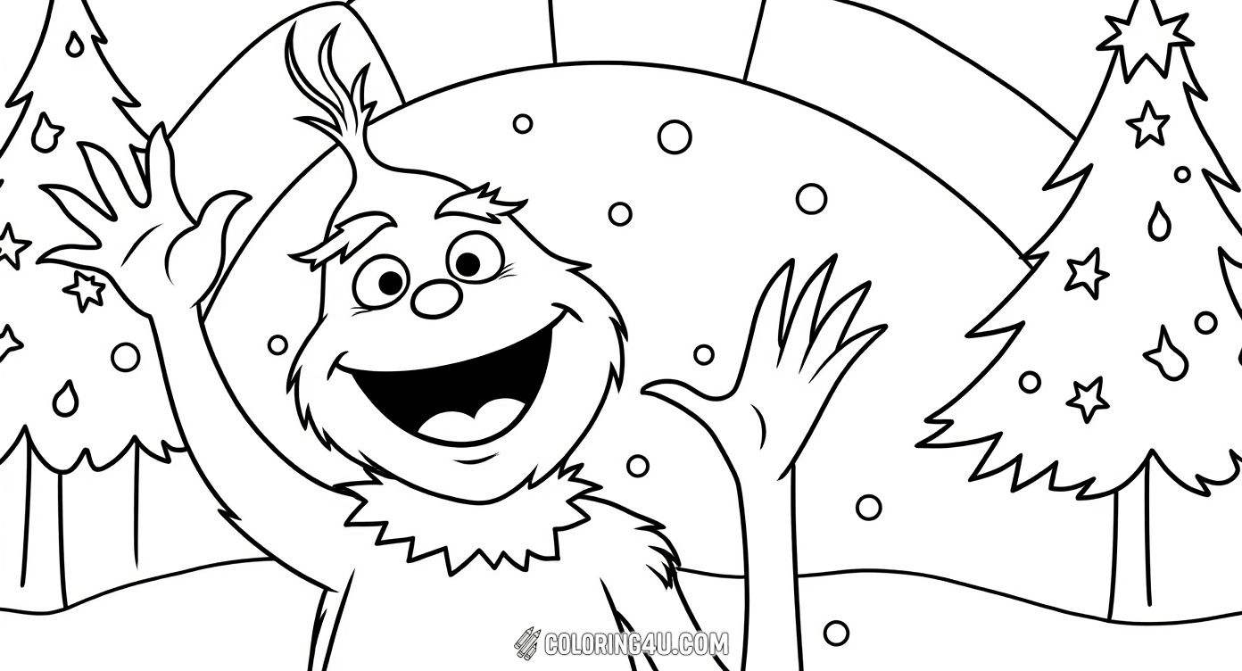 This fun coloring page features the friendly Grinch waving hello in a snowy Christmas scene. With his striped tie and cheerful expression, kids are invited to add bright colors and spread holiday joy with their creativity.