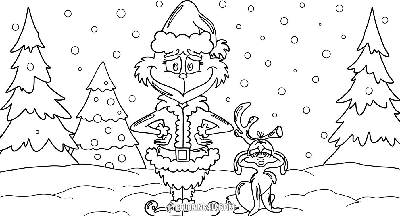 Here is a cute coloring page showing the Grinch dressed in a Santa suit alongside his loyal dog Max, who is wearing reindeer antlers. Set in a snowy winter wonderland with snowflakes falling all around, this image captures a sweet moment from the classic 'How the Grinch Stole Christmas!' story, perfect for kids to color and enjoy.