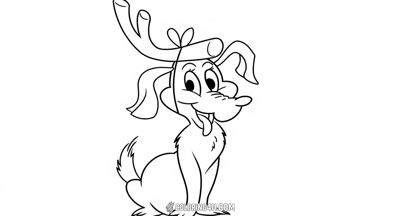 Meet Max, the Grinch’s loyal dog, wearing antlers and sticking his tongue out playfully. This adorable coloring page invites kids to bring Max to life with colors, celebrating the cheerful sidekick from the classic story of the Grinch.
