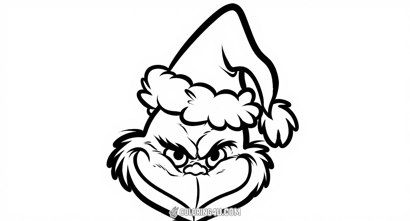 Here’s the iconic face of the Grinch wearing his Christmas hat with a mischievous smile! Kids can enjoy coloring this famous character from Dr. Seuss’s beloved holiday tale, capturing his grumpy yet lovable personality.