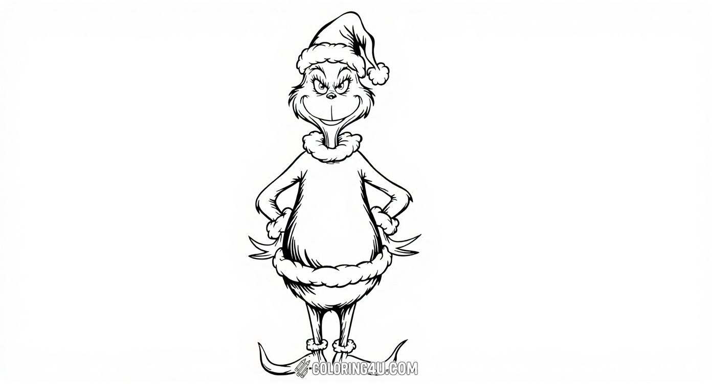 This fun coloring page features the Grinch from Dr. Seuss's famous book 'How the Grinch Stole Christmas!' Standing confidently with his hands on his hips and wearing a festive Santa hat and coat trim, the mischievous character invites kids to bring him to life with bright colors and holiday cheer.