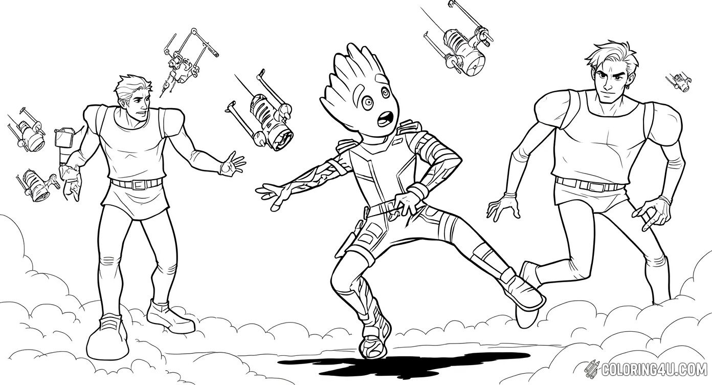 Color this exciting action scene featuring Agile Groot from Guardians of the Galaxy running away from flying robots. Watch as Groot bravely navigates an adventurous landscape filled with clouds and rocky terrain, perfect for kids who love thrilling stories.