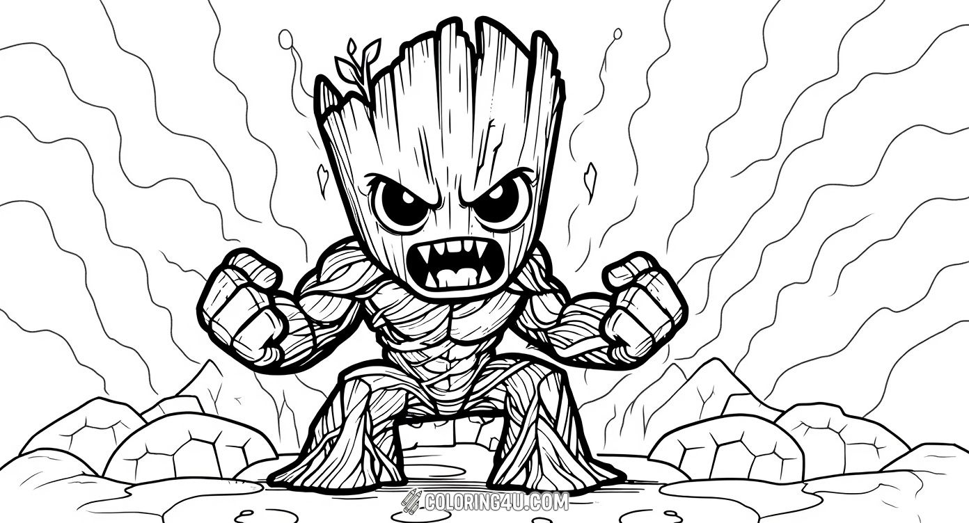 Get ready to color a fierce and powerful Groot striking a strong pose with clenched fists, surrounded by dynamic flames and rocky terrain. This exciting image invites kids to use bold colors to capture Groot's strength and determination!