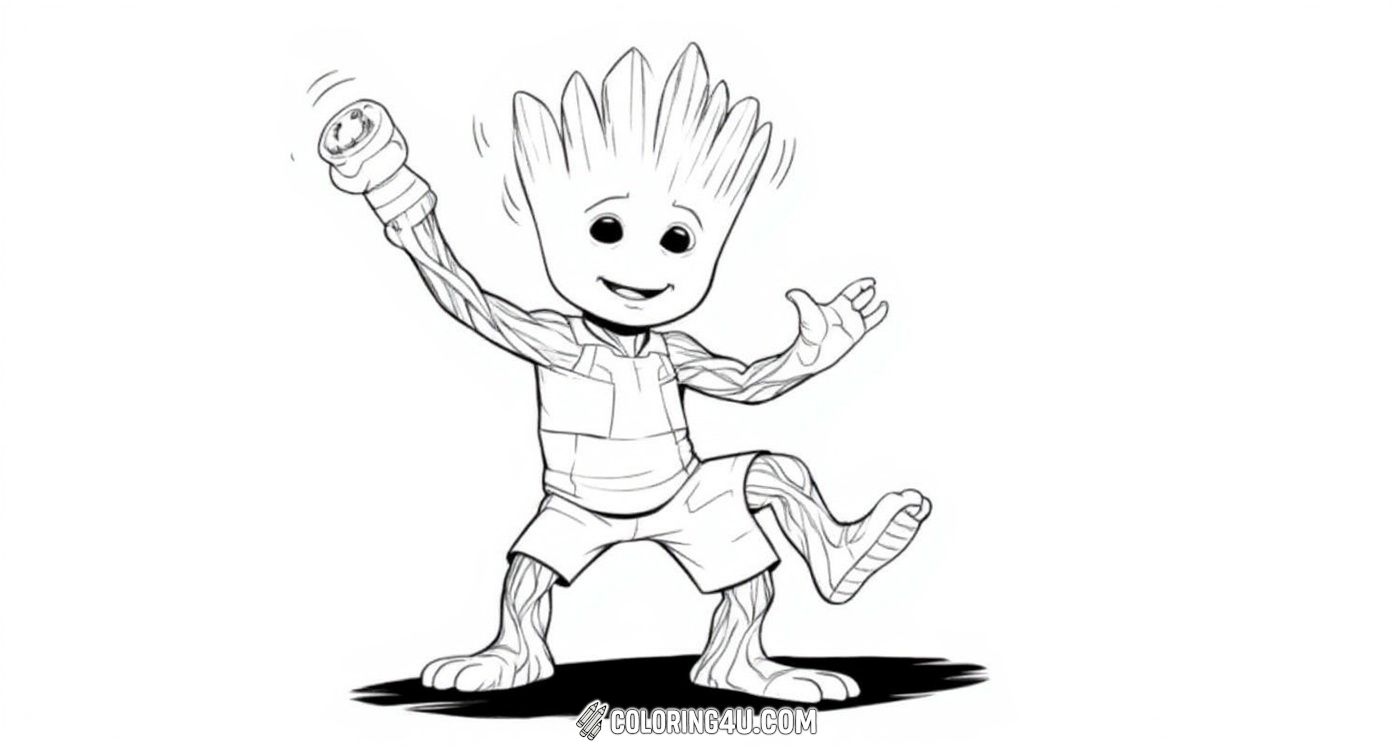 This adorable coloring page features Baby Groot from Guardians of the Galaxy joyfully dancing next to a high-tech bomb button. Kids can bring this cheerful scene to life with bright colors and enjoy imagining Groot's playful adventures!