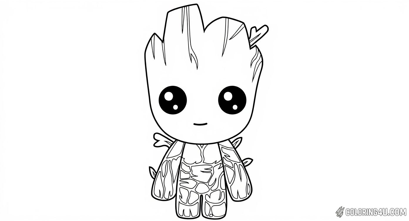 This adorable chibi Groot character from the Guardians of the Galaxy stands against a starry space background. Kids will love coloring Groot's cute, wood-like textures and big sparkling eyes while imagining adventures in the vast universe.