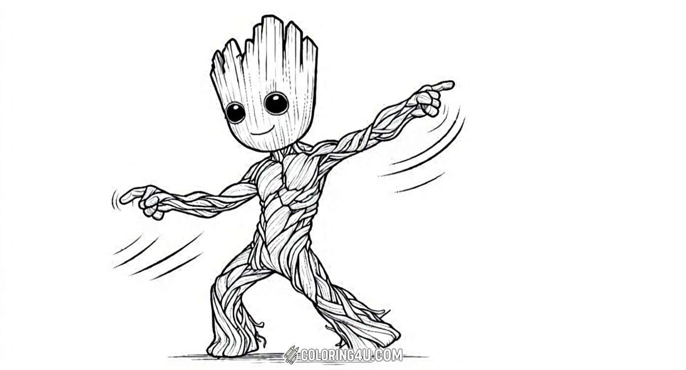 Enjoy coloring Baby Groot as he dances happily with one arm pointing and a joyful smile on his face. Set on a wooden floor background, this fun and lively scene encourages kids to use vibrant colors and celebrate Groot's charming personality.