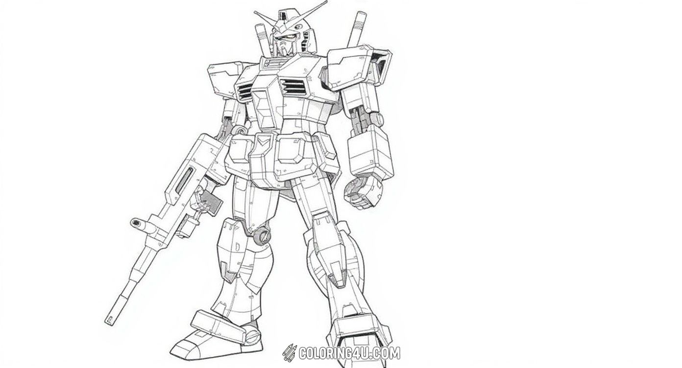 Join the classic Gundam RX-78-2 in this detailed coloring page as it stands confidently holding a powerful rifle. Kids will love coloring this iconic robot from the Gundam series and imagining epic space adventures full of bravery and excitement.