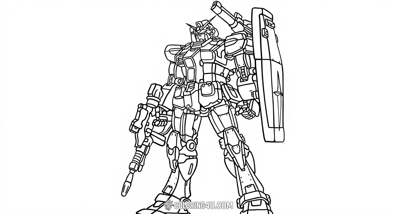 Get ready to color this stunning Gundam robot standing strong with a shield and a futuristic gun, looking fierce and ready for battle. Kids can have fun adding their favorite colors to this detailed mech as it prepares to defend peace with courage and power.