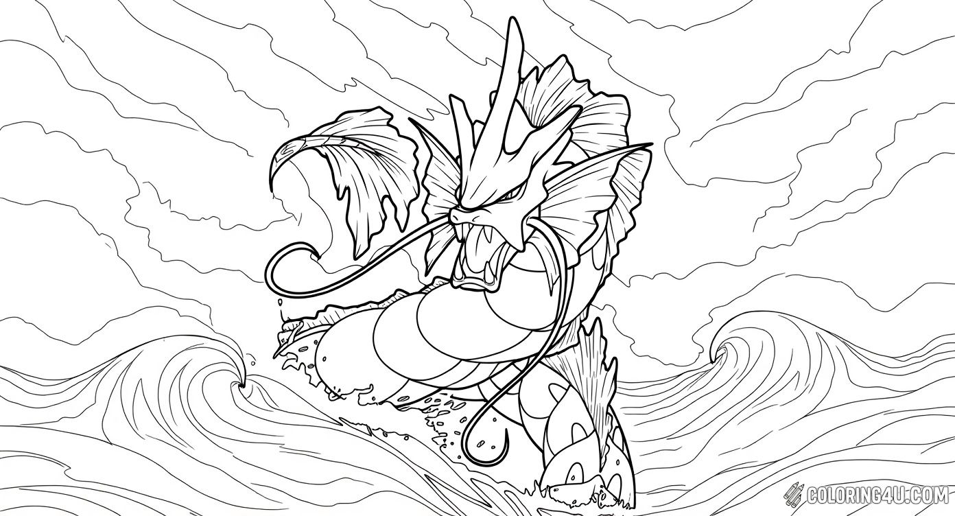 This exciting coloring page features Gyarados, the powerful water dragon from the Pokémon series, emerging fiercely from the ocean waves. Kids can bring this fierce creature to life with their favorite colors while imagining Gyarados's mighty roar and strength as it rules the water.