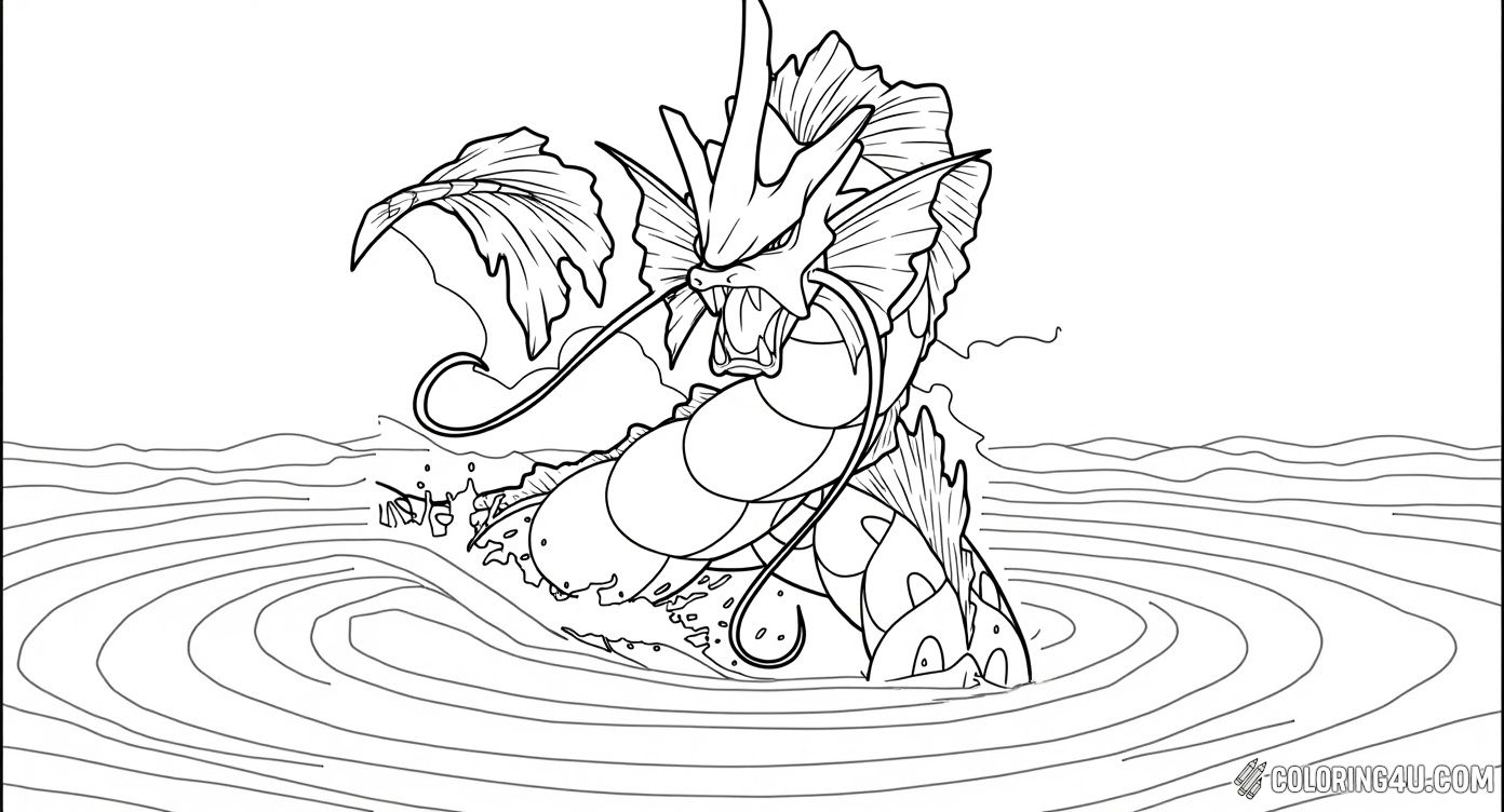 This exciting coloring page features Gyarados, the fierce and powerful water dragon from the Pokémon series, dramatically emerging from the water with splashes all around. Kids can have fun bringing this dynamic scene to life with vibrant colors while imagining Gyarados roaring in its natural habitat.