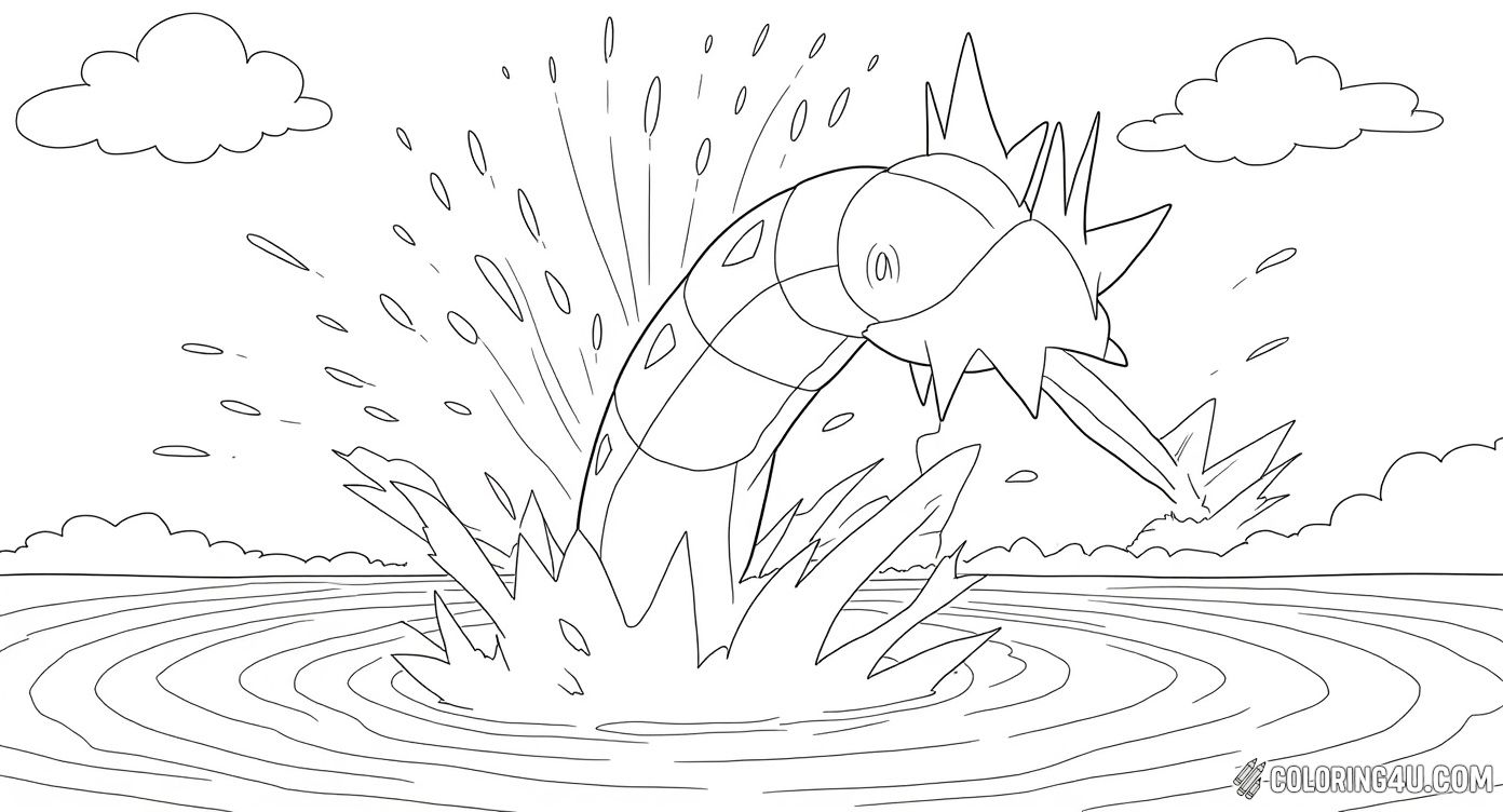 Dive into creativity with this lively coloring page of Gyarados splashing out of the water with great power and energy. Surrounded by bursts of water and a peaceful sky background, young artists can color this epic scene to highlight Gyarados's fierce and majestic nature.