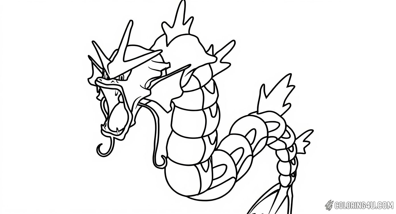 Here is a bold and simple line art of Gyarados, the iconic Water/Flying-type Pokémon, showing off its fearsome form. Perfect for kids who love Pokémon, this coloring page invites them to use their creativity to color every detail of Gyarados’ twisting, serpentine body and fierce expression.
