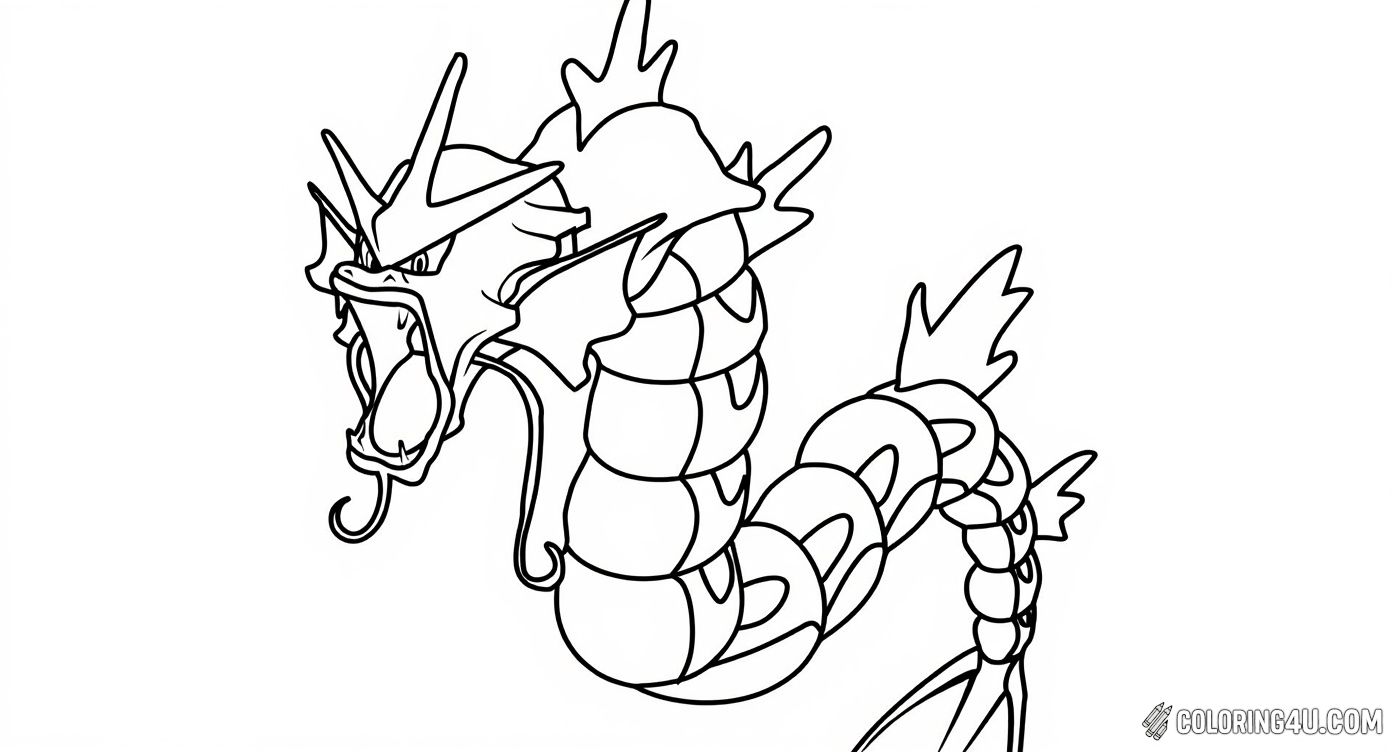 Here is a fun and approachable coloring page of Gyarados, the iconic Pokémon known for its strength and intimidating presence. With clear lines and a dynamic pose, kids can enjoy coloring the serpentine dragon as it twists and turns, ready for action in the Pokémon world.