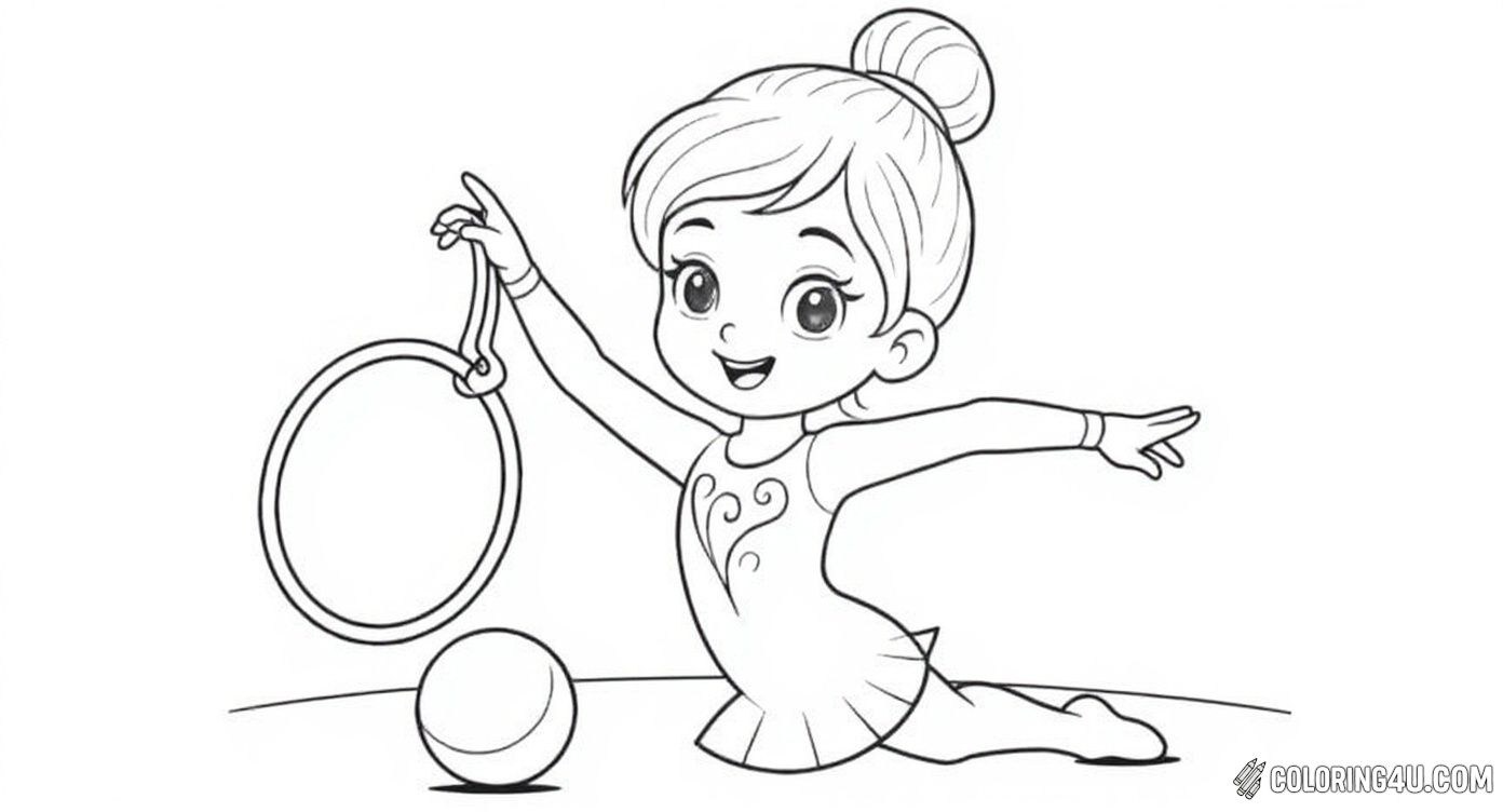 This charming coloring page invites kids to bring to life a happy young gymnast practicing rhythmic gymnastics with her ribbon, hoop, ball, and clubs. Surrounded by stars and hearts, this joyful scene encourages creativity and imagination as children color the gymnast's playful performance.