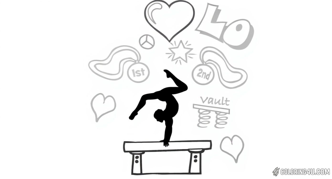 Celebrate the spirit of gymnastics with this fun and dynamic coloring page featuring a gymnast performing a handstand on the balance beam. Surrounded by symbols of peace, love, music, and gymnastics apparatus names, this design encourages kids to express their passion for the sport with bright and joyful colors.