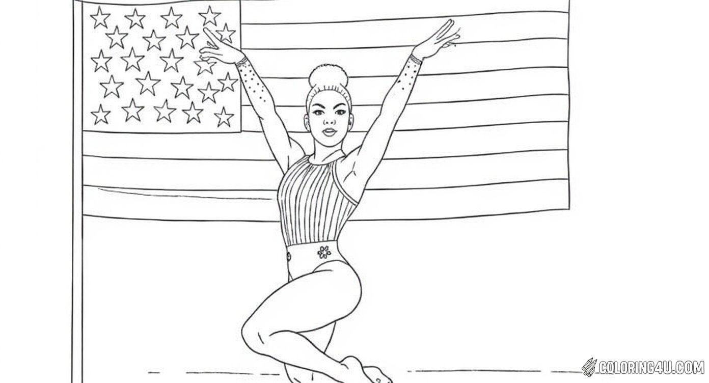 Color the powerful moment of gymnast Zoe Miller performing gracefully in front of the American flag. This inspiring coloring page shows Zoe in action during a routine, perfect for kids who admire athleticism and want to add vibrant colors to this patriotic gymnastics scene.