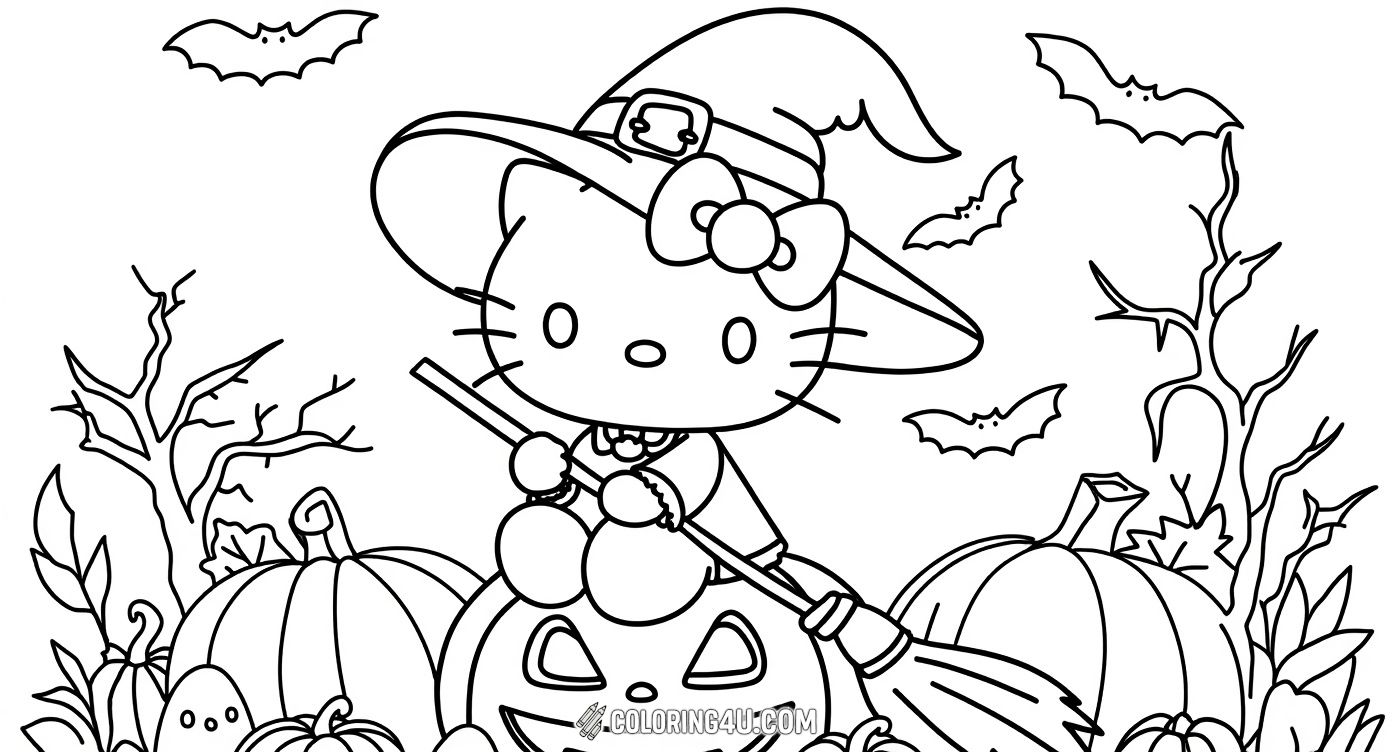 Join Hello Kitty dressed as a witch on a magical Halloween night! She is sitting on a big carved pumpkin surrounded by smaller pumpkins, spooky bats, and friendly ghosts. Kids can color this fun scene filled with Halloween spirit and imagination.