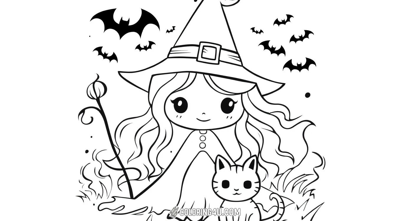 Sweet Witch Girl With Cat Halloween Bats