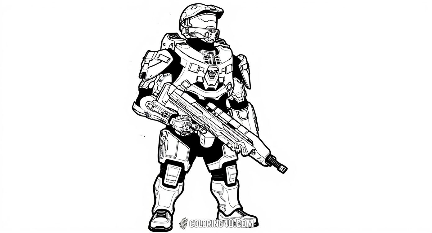 This exciting coloring page shows Master Chief in full armor, holding a futuristic weapon and ready for battle. Kids can enjoy coloring the intricate details of his suit and gear, stepping into the world of Halo as they add their personal touch to this heroic space warrior.