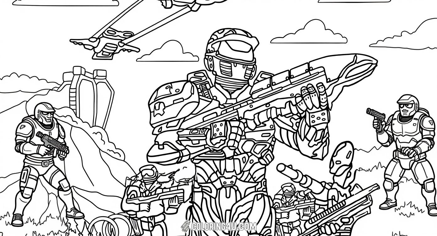 Dive into the exciting world of Halo with this coloring page featuring the iconic Master Chief leading his team in full armor, ready for an adventurous mission. Surrounding flying vehicles and a scenic battlefield make this page perfect for kids who love action and teamwork!