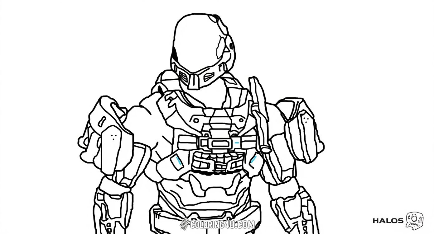 This coloring page features a front-facing view of an ODST soldier from the Halo universe, clad in fully detailed armor. Kids can explore their creativity by coloring the intricate design of the soldier’s battle-ready suit and helmet.