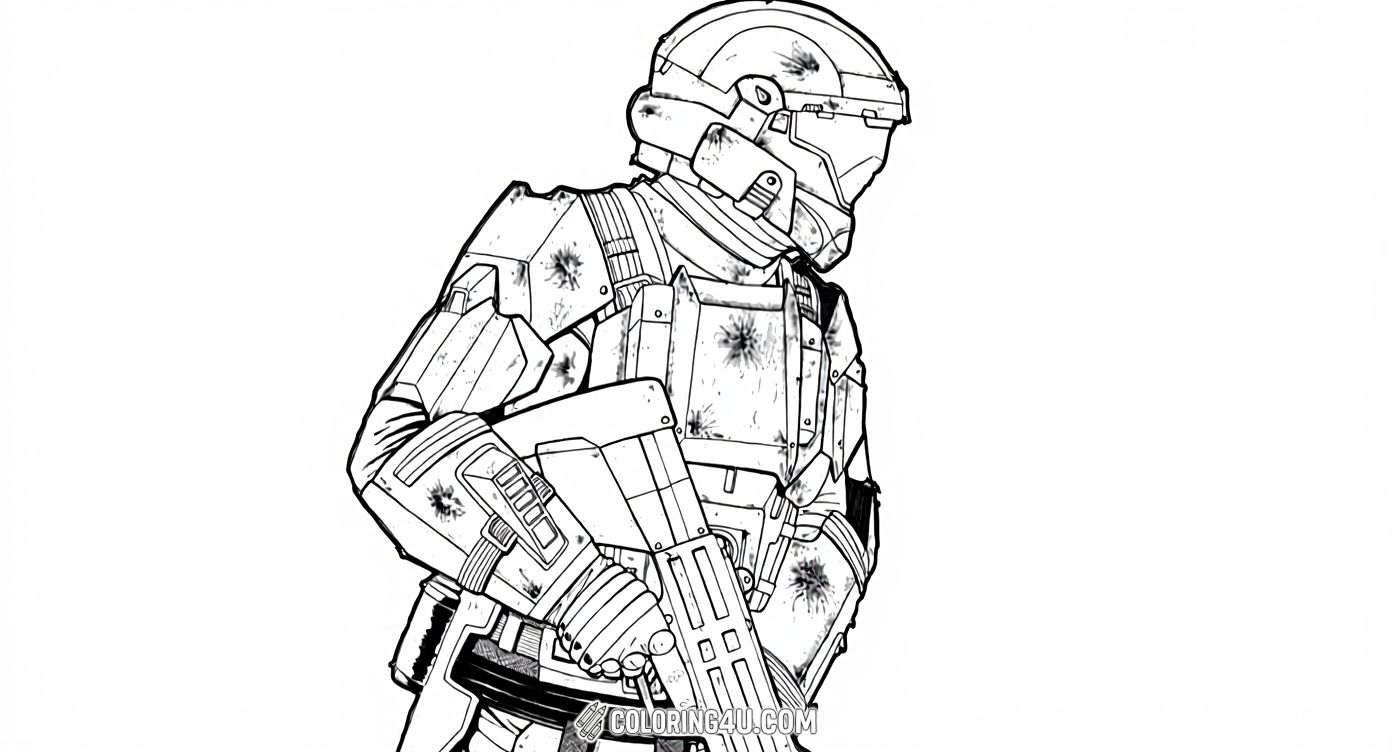 Get ready to color Sergeant Rookie from Halo: ODST in this detailed coloring page! This page shows the skilled soldier in full armor, holding a futuristic weapon, inviting kids to add their own vibrant colors and bring the courageous character to life.