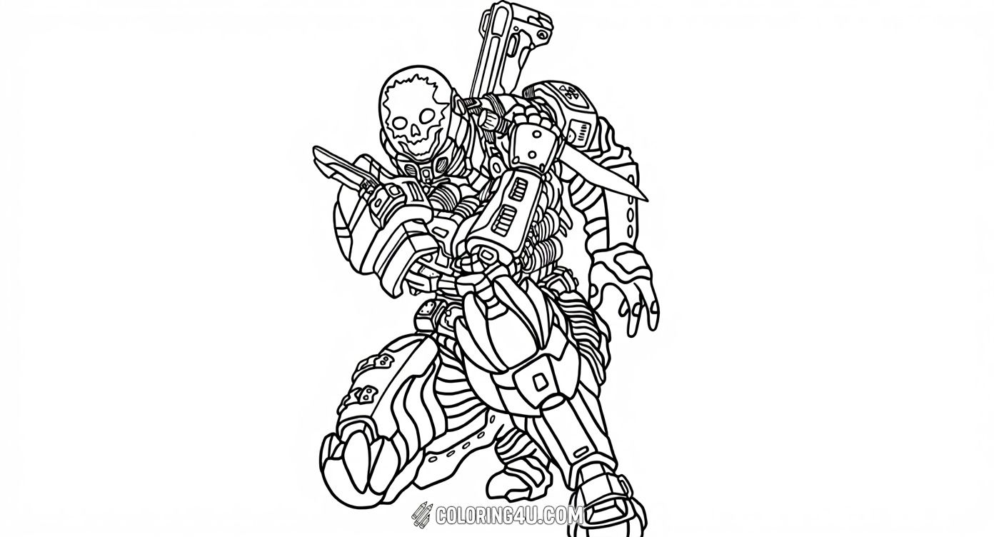 Bring to life a fierce and mysterious Spartan warrior adorned with detailed armor and a striking skull faceplate in this captivating Halo coloring page. Perfect for kids who enjoy coloring dynamic and bold characters from the Halo universe!