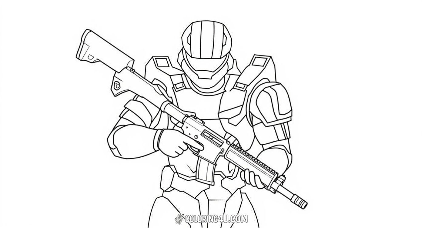 Get ready to color a brave Spartan soldier from the Halo universe, shown here aiming a pistol and prepared for action! This fun and dynamic coloring page invites kids to bring the space warrior to life with their favorite colors, sparking their creativity and love for video game heroes.