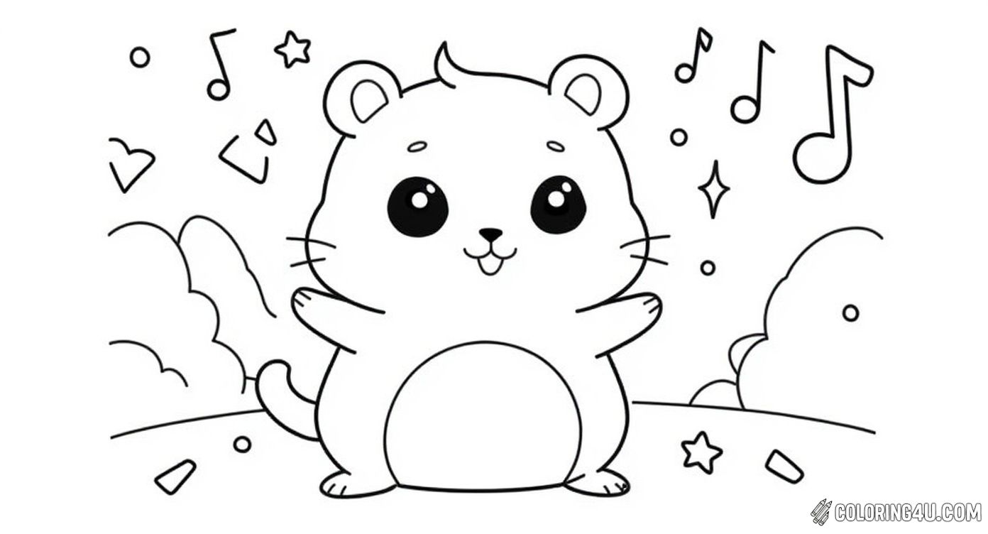 This fun coloring page features an adorable hamster happily playing with a hula hoop surrounded by music notes and stars. Kids can enjoy adding vibrant colors to this lively and joyful scene that captures the playful spirit of this cute little hamster.