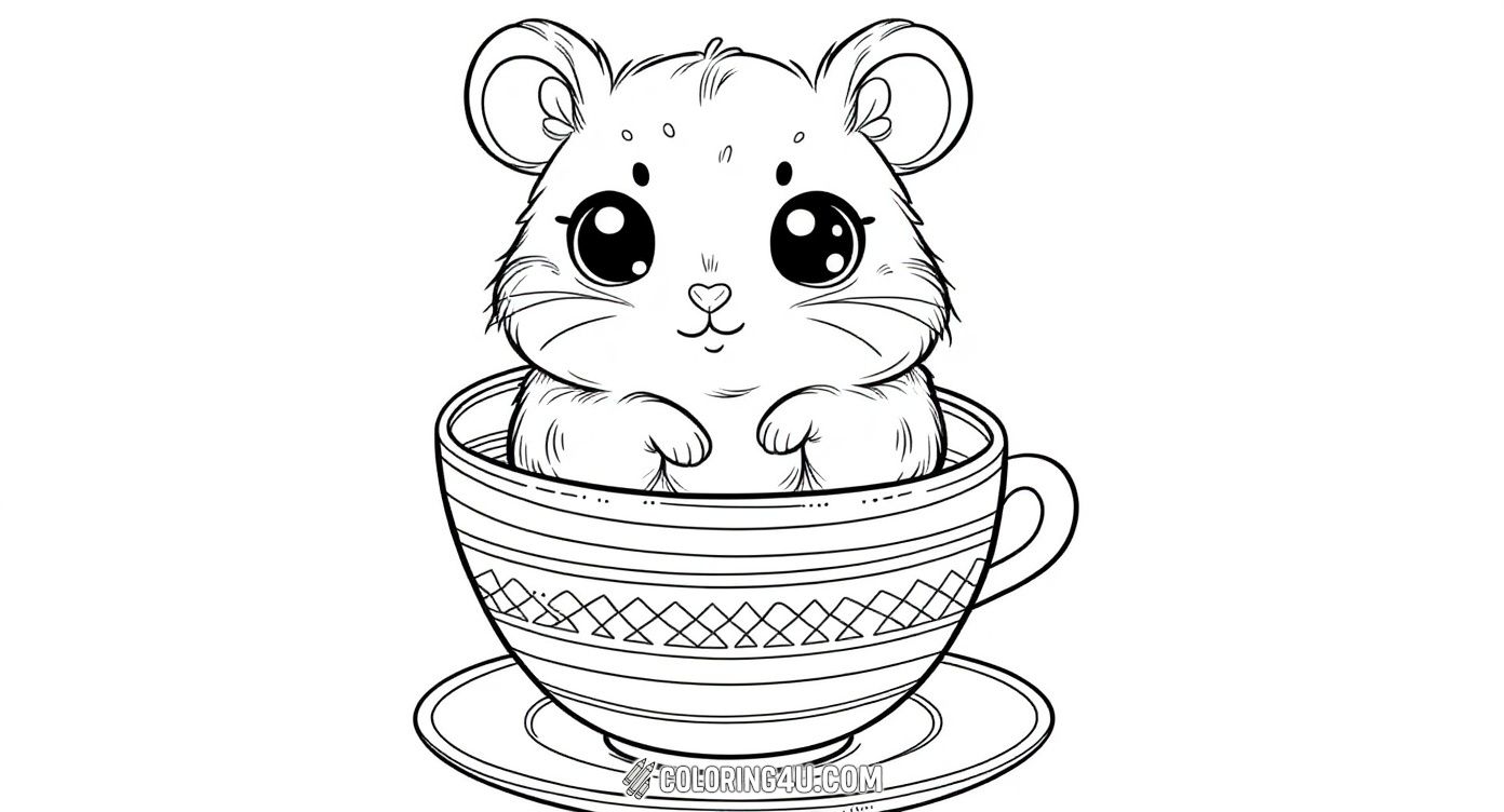 This adorable coloring page features a cute little hamster sitting inside a beautifully patterned teacup. With its big sparkling eyes and tiny paws resting on the cup's edge, this charming scene invites kids to bring it to life with their favorite colors.