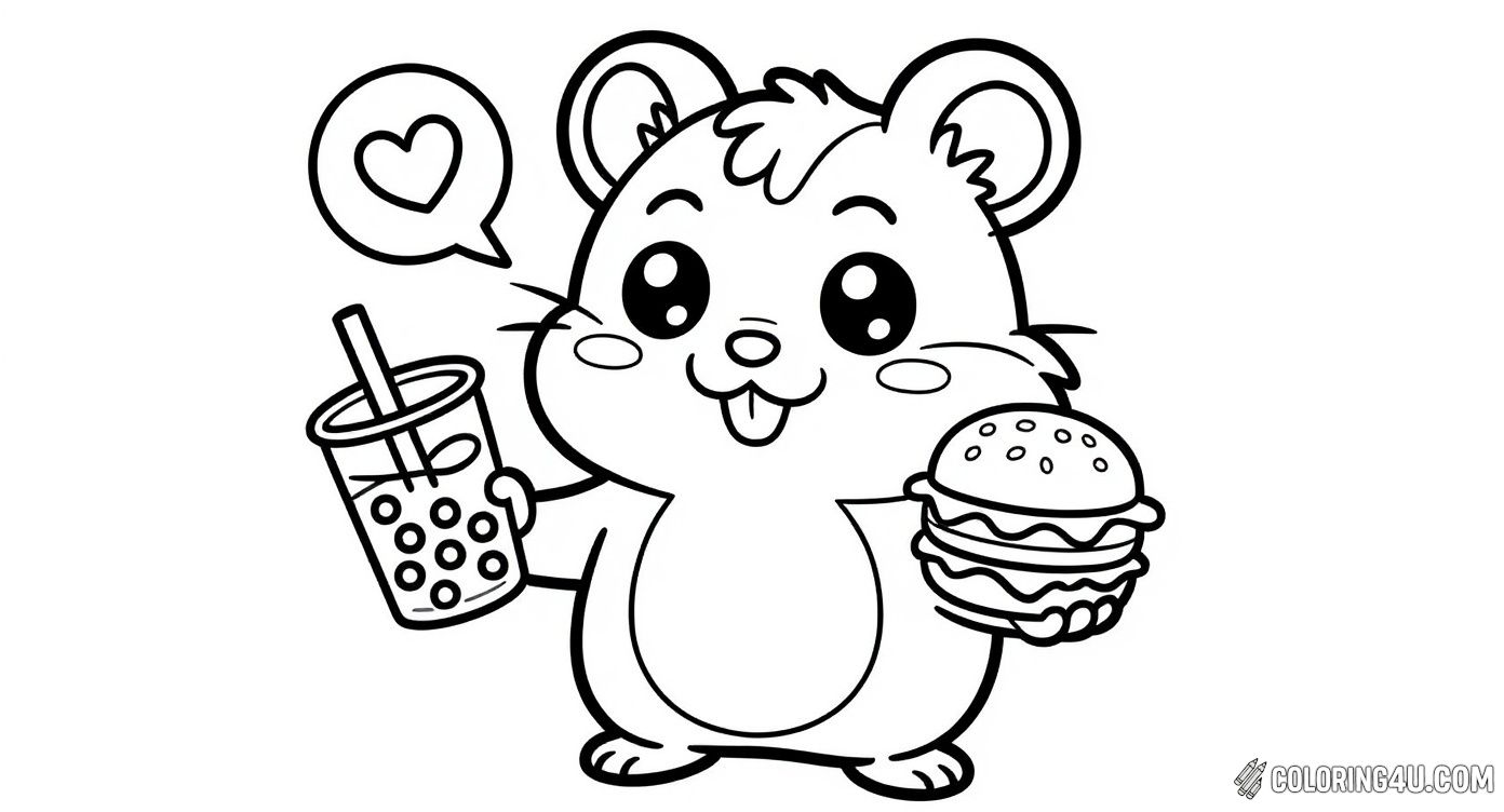 This delightful coloring page shows a happy hamster holding a tasty burger in one hand and a refreshing boba drink in the other. With a friendly smile and big sparkling eyes, this hamster invites kids to color a fun and delicious treat moment.