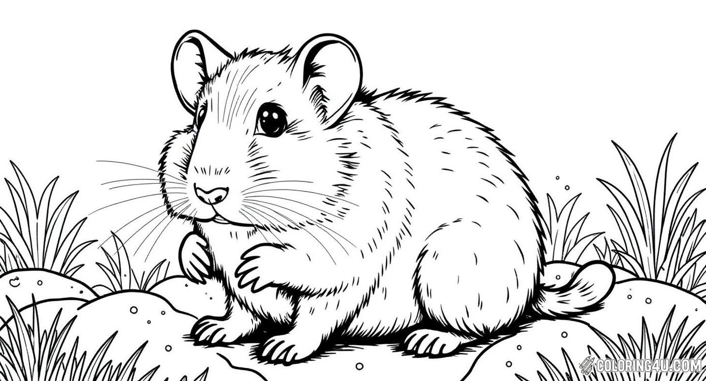 This detailed coloring page features a realistic-looking hamster sitting calmly among grass and flowers. Kids can bring this charming nature scene to life by coloring the soft fur of the hamster and the lush greenery surrounding it.