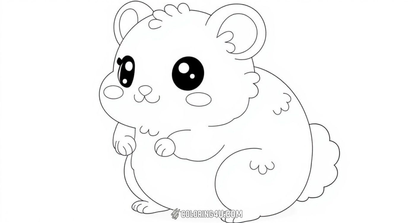 This fun coloring page showcases a round, fluffy cartoon-style hamster with big, shiny eyes and cute little paws. Its plump body and cheerful expression make it a playful image that children will love to color and personalize.