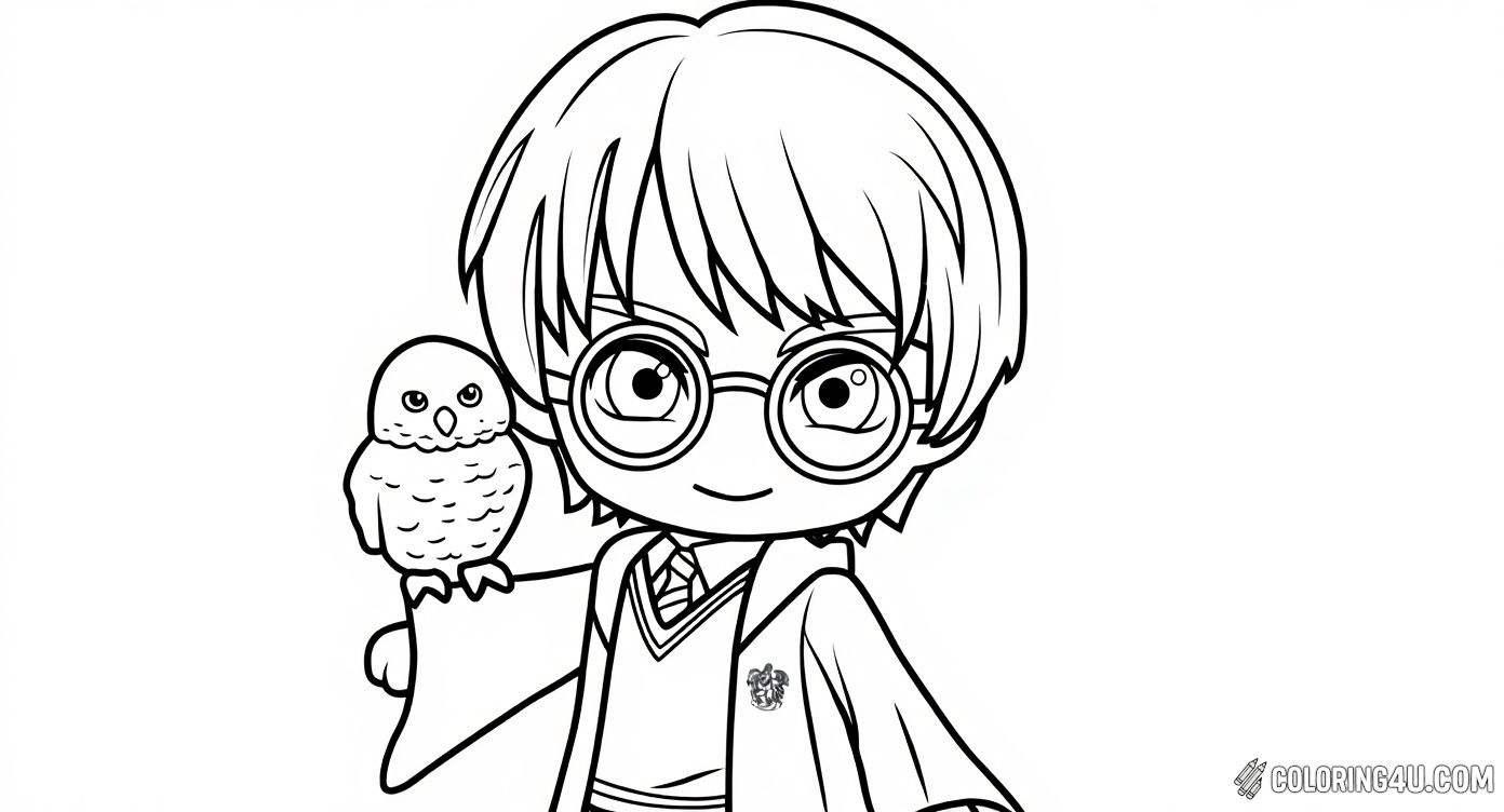 Bring to life this adorable chibi Harry Potter holding his beloved snowy owl Hedwig amidst a sparkling starry background. Kids will love coloring Harry's wizard robe and magical details in this charming and friendly design.