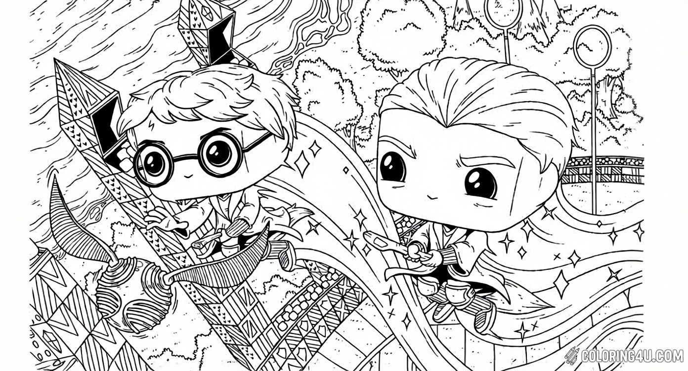Dive into an exciting Quidditch match with chibi-style Harry Potter and Draco Malfoy soaring on their broomsticks, chasing the golden Snitch and casting spells! This lively coloring page invites kids to add magical colors to this thrilling wizarding duel.