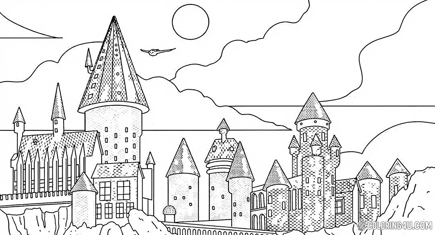 Explore the magical world of Hogwarts with this coloring page featuring the iconic castle under a shining moon and a flying owl, with the inspiring phrase 'Hogwarts is my home' beautifully displayed. Perfect for kids who dream of learning magic and adventure!