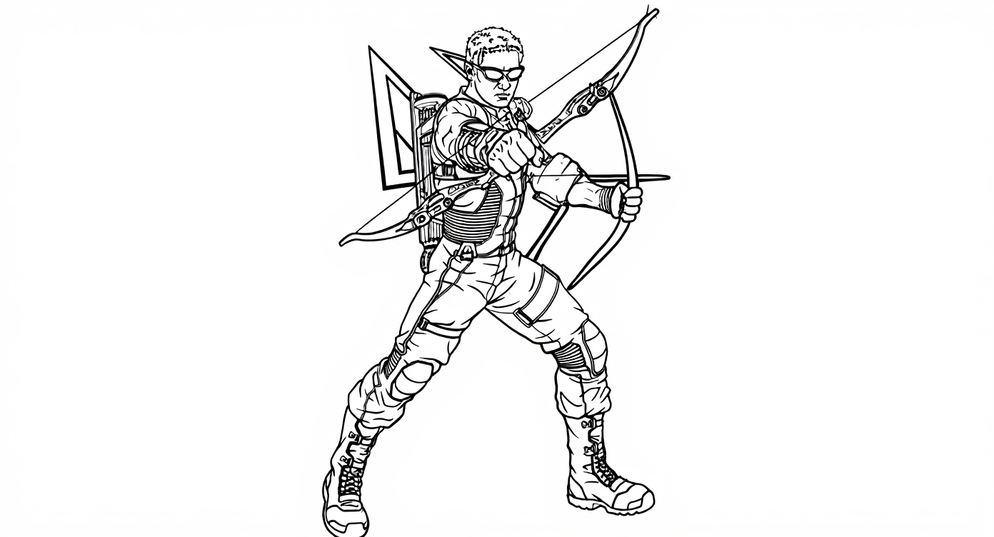 Get ready to color Hawkeye from the Avengers as he takes a powerful stance aiming his bow and arrow. This exciting image shows him in full action with the Avengers symbol in the background, perfect for fans who love superheroes and archery!